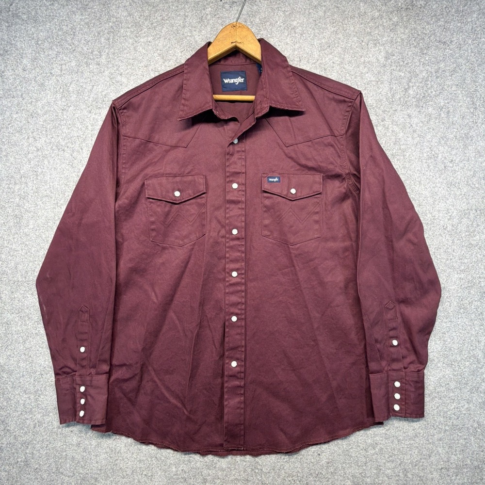 Vintage Wrangler Brushpopper Pearl Snap Dark Red Mens Large Maroon